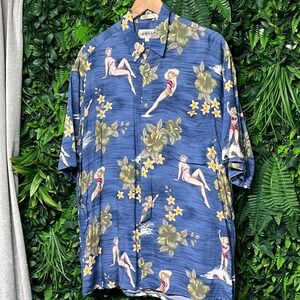 Vintage Campia Hawaiian‎ Shirt Mens Size L Pinup Girl Print Blue Button Up 3499